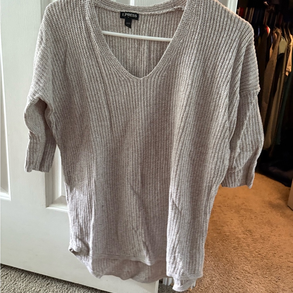 Express V-Neck Ribbed Sweater in Soft Beige